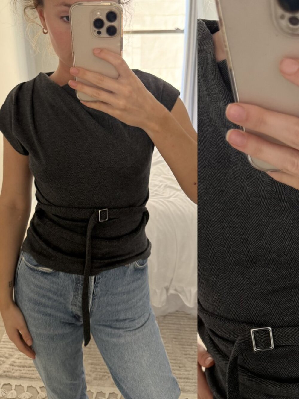 H&M Belted Dark Gray Short Sleeve Top